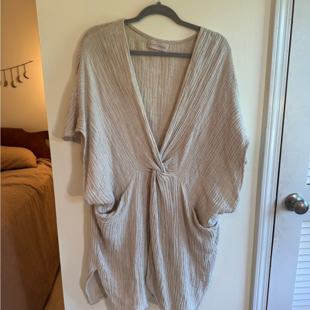 Myrah Penaloza Beige Knot-Front Women's Tunic, dress, mini kaftan
